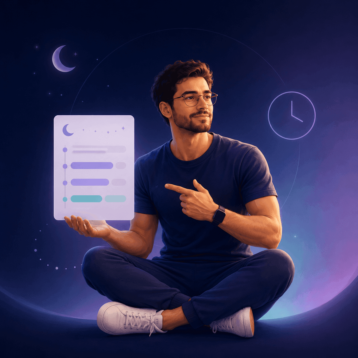 Illustration of Sam, the founder of Shifti, sitting cross-legged at night with a sleep plan